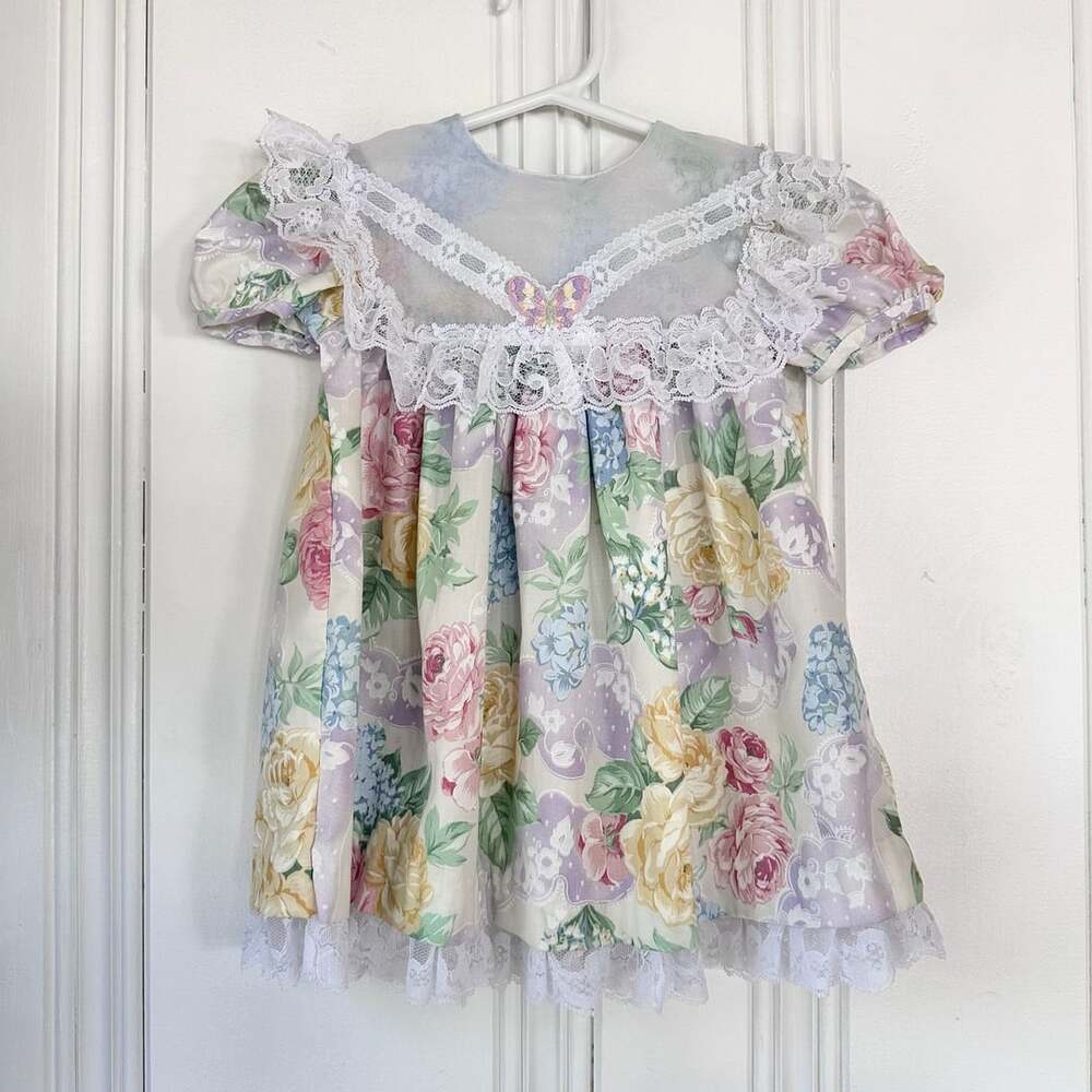 Vintage Baby Dress by Rose Cottage, size 12M, Floral with Lace Butterfly